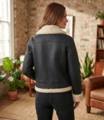 Women’s Black Shearling Leather Jacket with Cream Fur Trim back