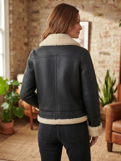 Women’s Black Shearling Leather Jacket with Cream Fur Trim back