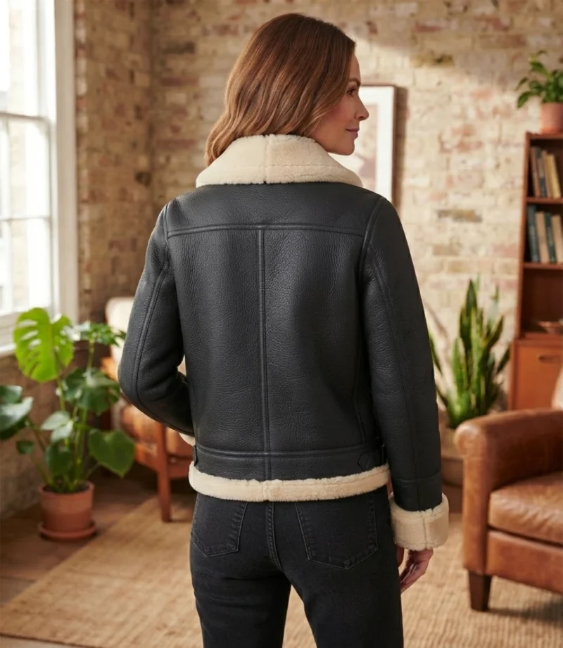 Women’s Black Shearling Leather Jacket with Cream Fur Trim back