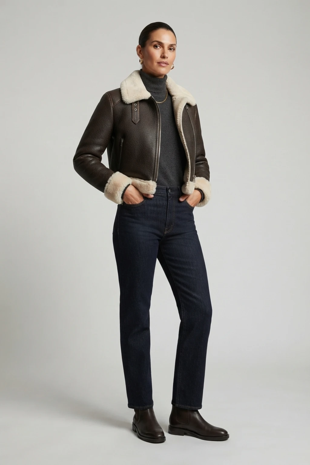 Womens Brown Shearling Aviator Jacket (1) Women’s Brown Shearling Aviator Jacket