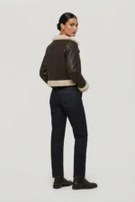 Womens Brown Shearling Aviator Jacket – Cream Fur Collar & Cropped Leather Coat - Image 2