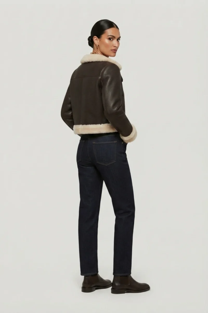 Womens Brown Shearling Aviator Jacket – Cream Fur Collar & Cropped Leather Coat - Image 2