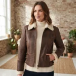 Women’s Brown Shearling Biker Jacket front side