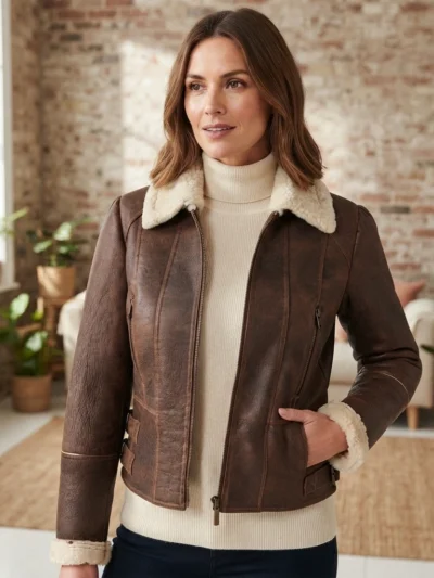 Women’s Brown Shearling Biker Jacket front side
