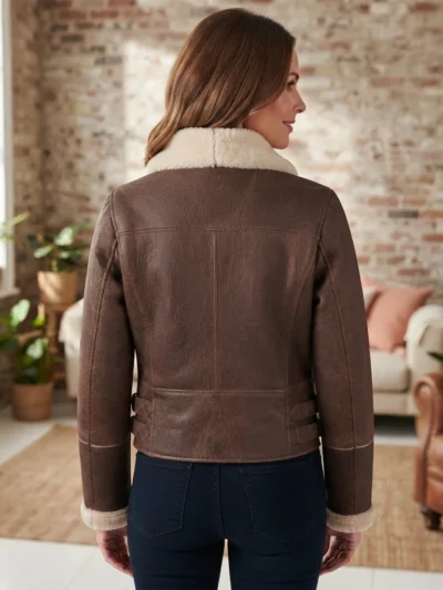 Women’s Brown Shearling Biker Jacket back