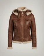 Women’s Brown Shearling Hooded Jacket front