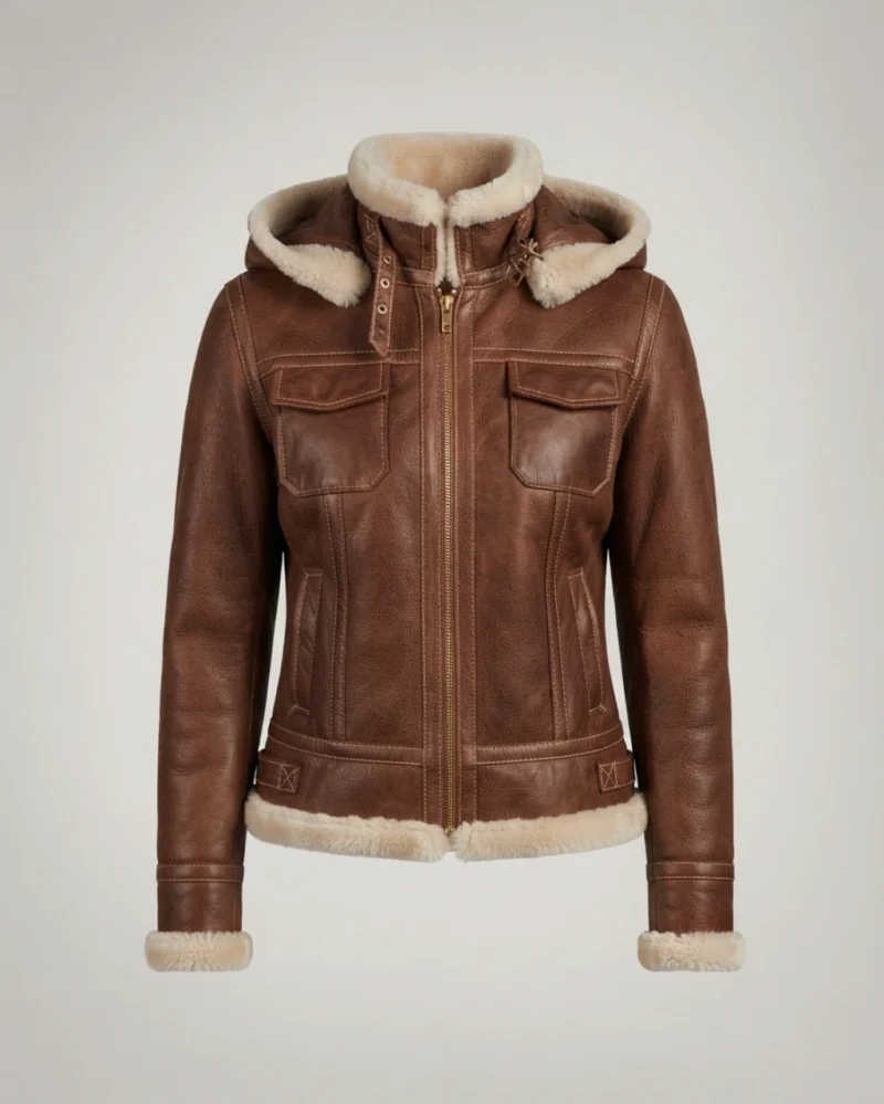 Women’s Brown Shearling Hooded Jacket front