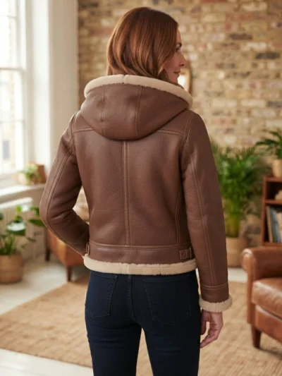 Women’s Brown Shearling Hooded Jacket back