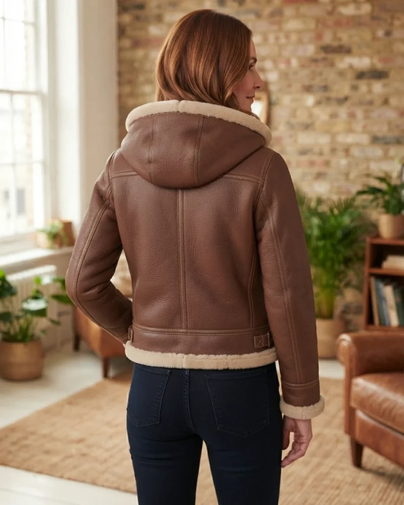 Women’s Brown Shearling Hooded Jacket back