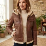Women’s Brown Shearling Hooded Jacket front