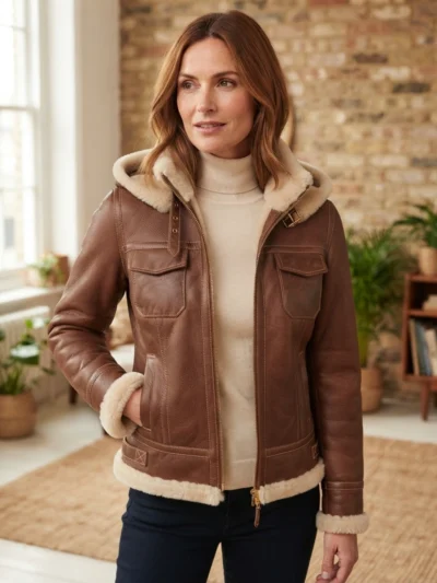 Women’s Brown Shearling Hooded Jacket front