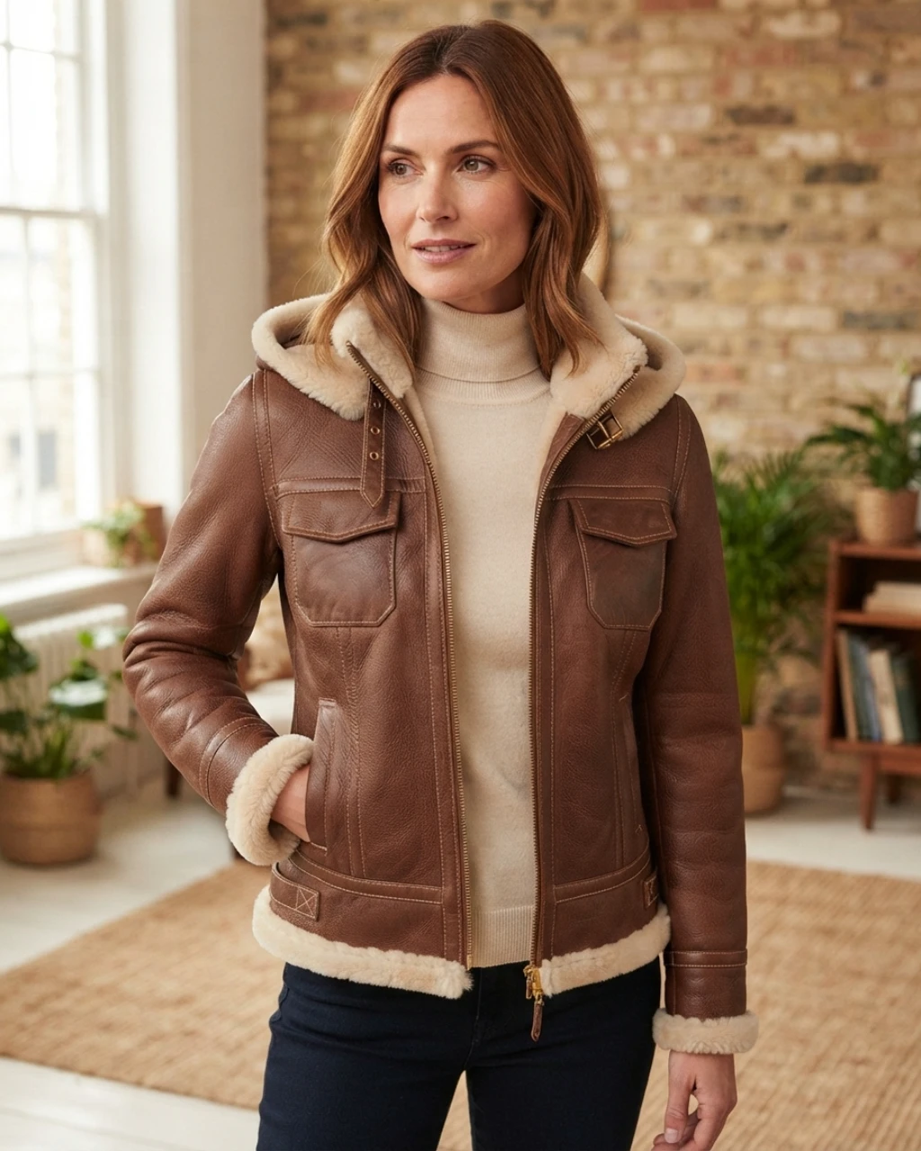 Women’s Brown Shearling Hooded Jacket (3) Women’s Brown Shearling Hooded Jacket front