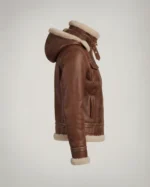 Women’s Brown Shearling Hooded Jacket – Leather Aviator Winter Jacket - Image 4