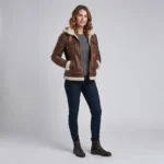 Women’s Brown Shearling Leather Hooded Jacket with Utility Pockets
