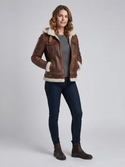 Women’s Brown Shearling Leather Hooded Jacket with Utility Pockets