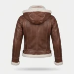 Women’s Brown Shearling Leather Hooded Jacket with Utility Pockets back
