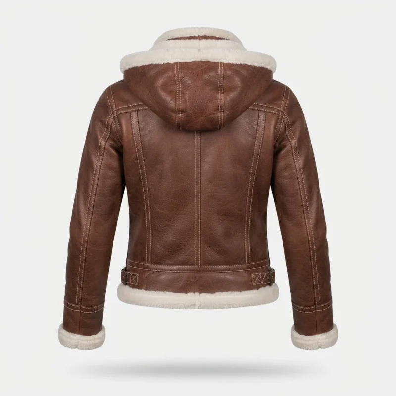 Women’s Brown Shearling Leather Hooded Jacket with Utility Pockets back