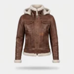Women’s Brown Shearling Leather Hooded Jacket with Utility Pockets