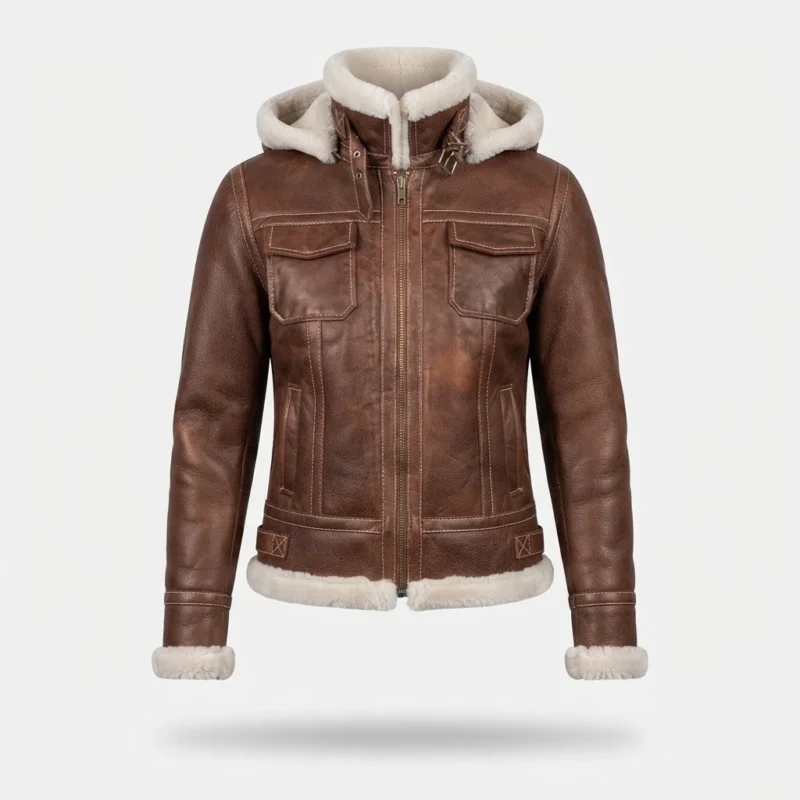 Women’s Brown Shearling Leather Hooded Jacket with Utility Pockets