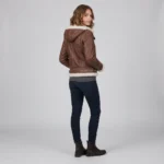 Women’s Brown Shearling Leather Hooded Jacket with Utility Pockets back
