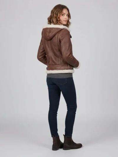 Women’s Brown Shearling Leather Hooded Jacket with Utility Pockets back