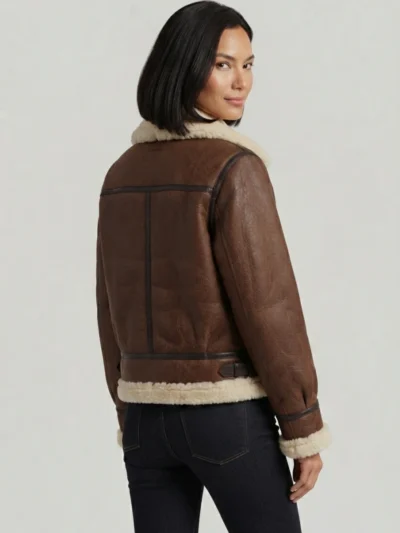 Womens Brown Shearling Leather Jacket back side