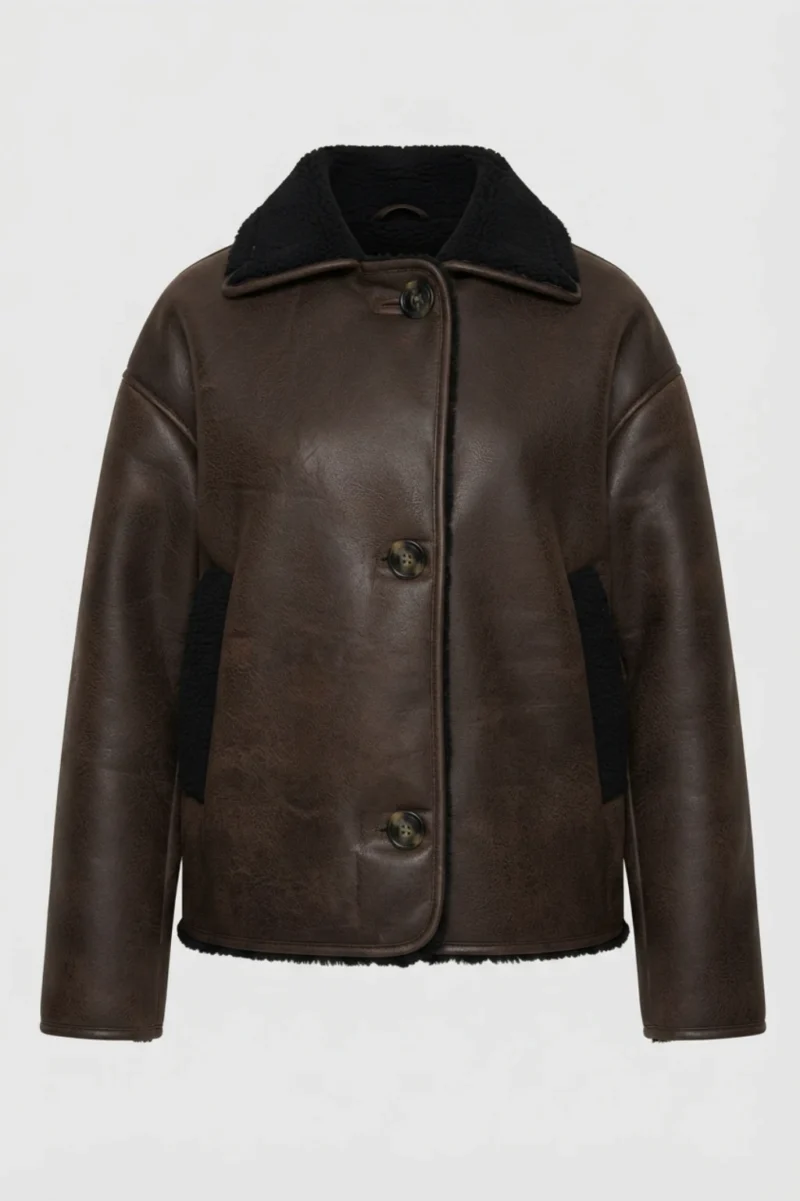 Womens Brown Shearling Leather Jacket front