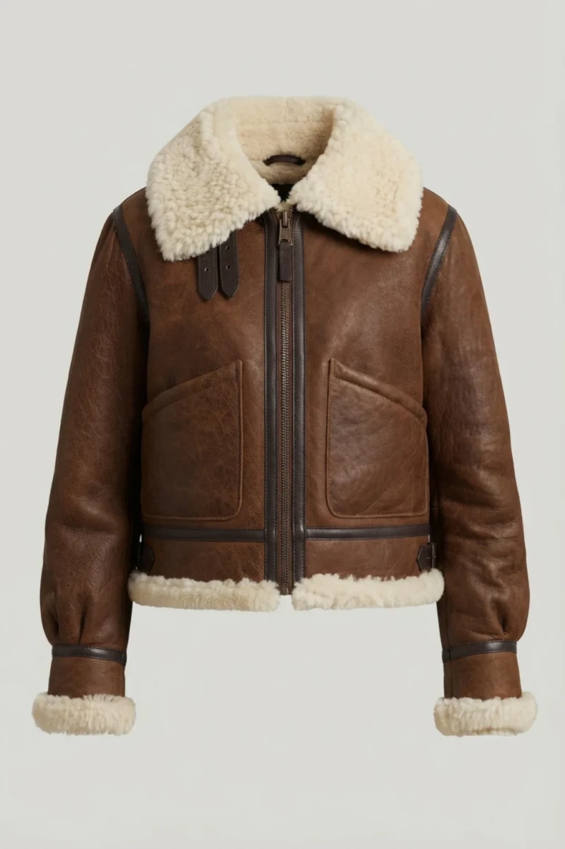 Womens Brown Shearling Leather Jacket front