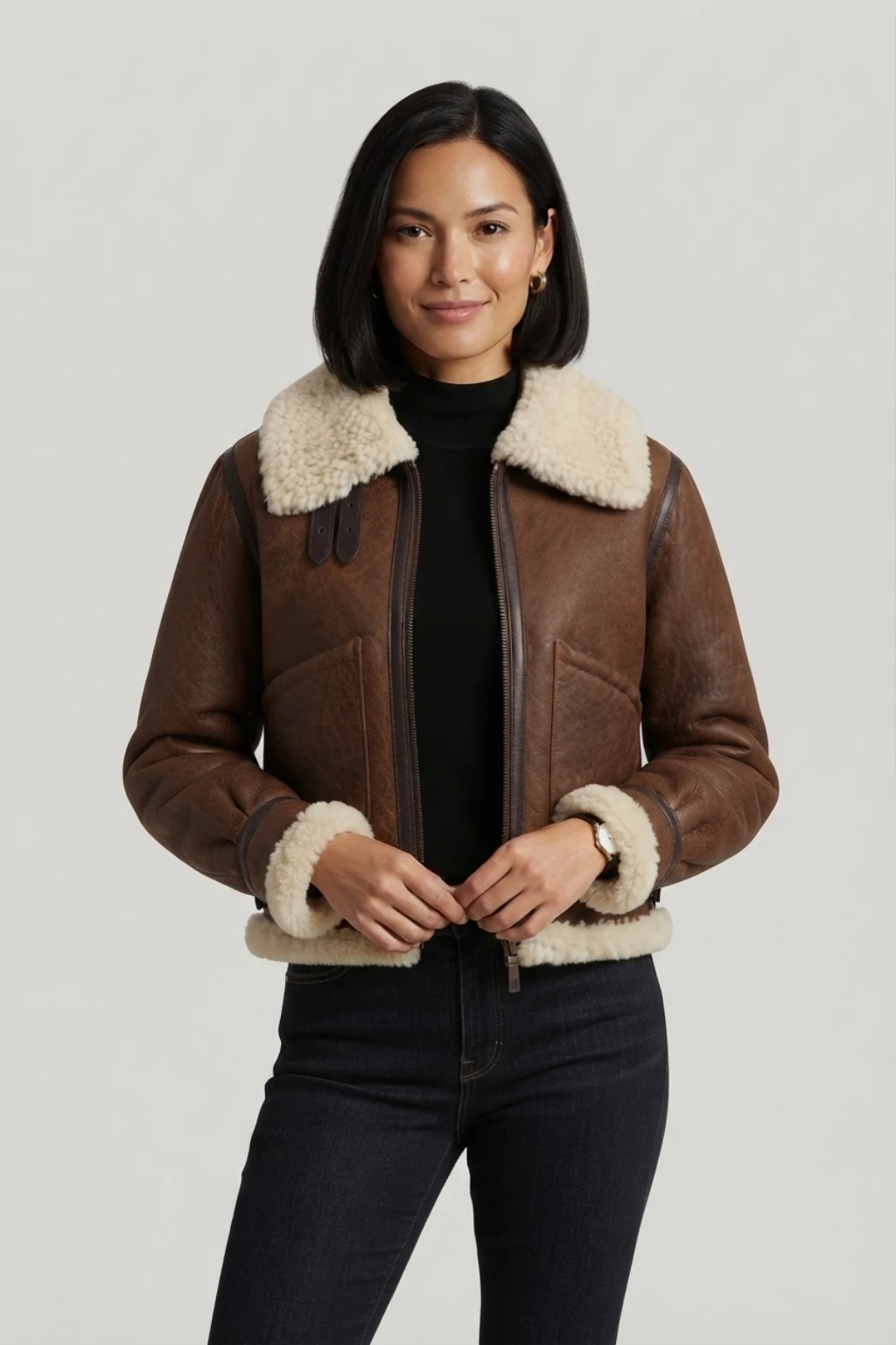 Womens Brown Shearling Leather Jacket (4) Womens Brown Shearling Leather Jacket