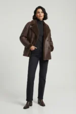 Womens Brown Shearling Leather Peacoat - women wearing