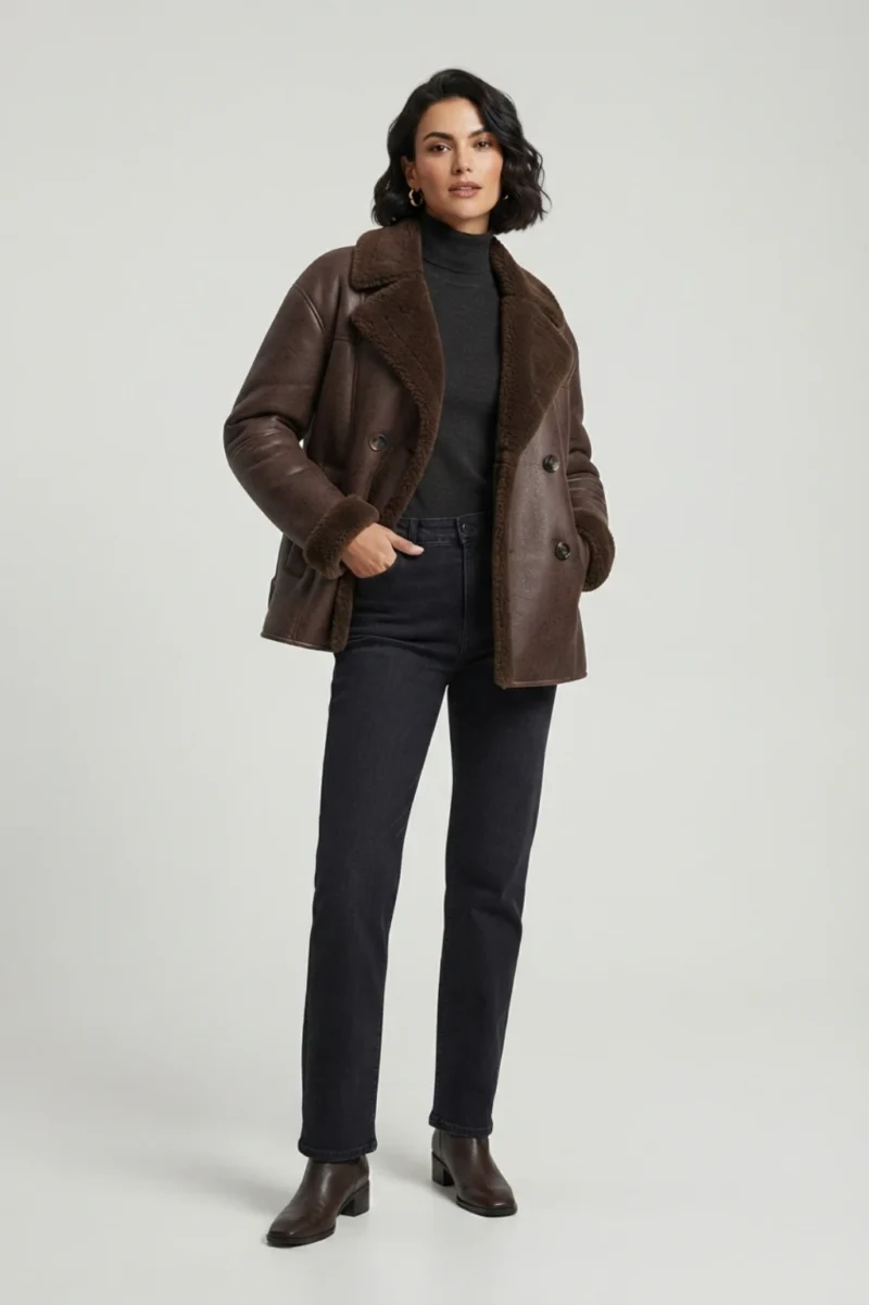 Womens Brown Shearling Leather Peacoat - women wearing