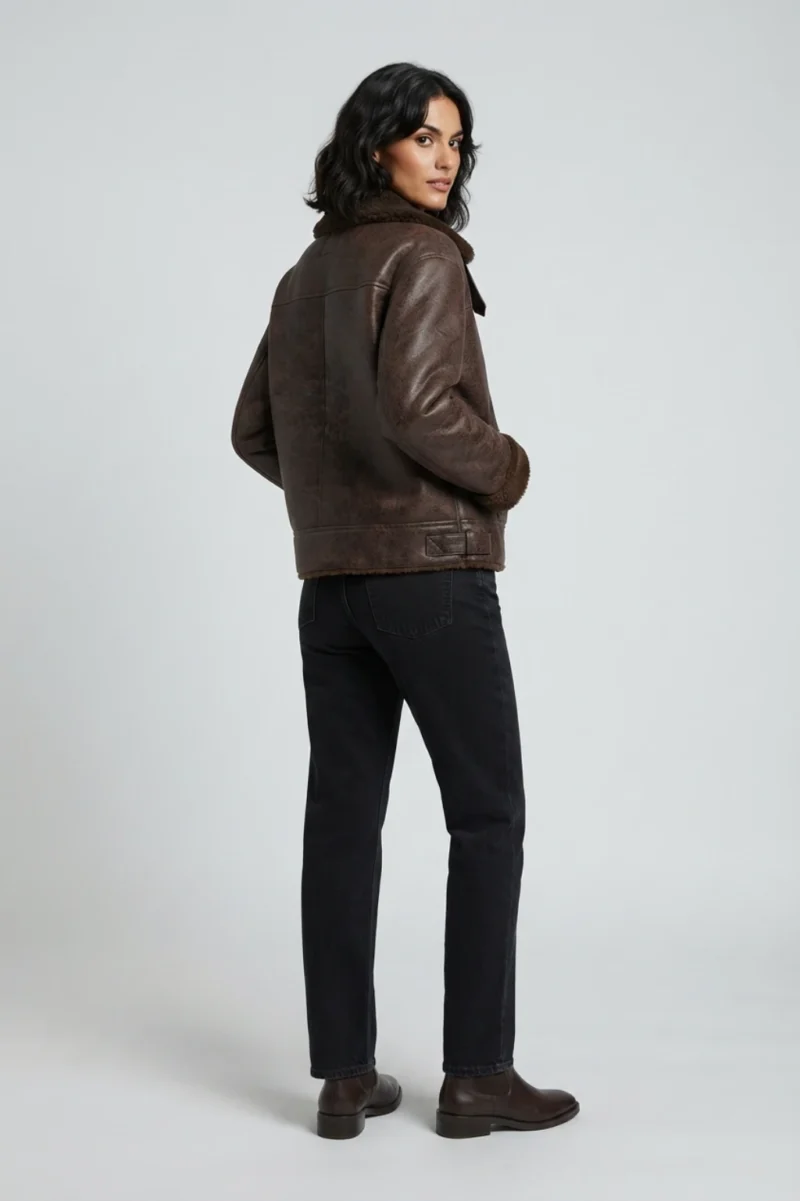 Womens Brown Shearling Leather Peacoat – Double-Breasted Fur Collar Winter Jacket - Image 5