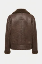 Womens Brown Shearling Leather Peacoat back side