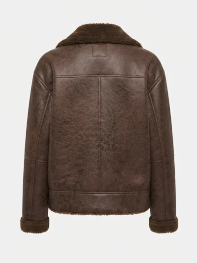 Womens Brown Shearling Leather Peacoat back side