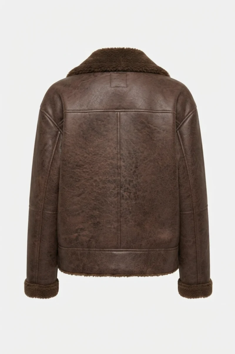 Womens Brown Shearling Leather Peacoat back side