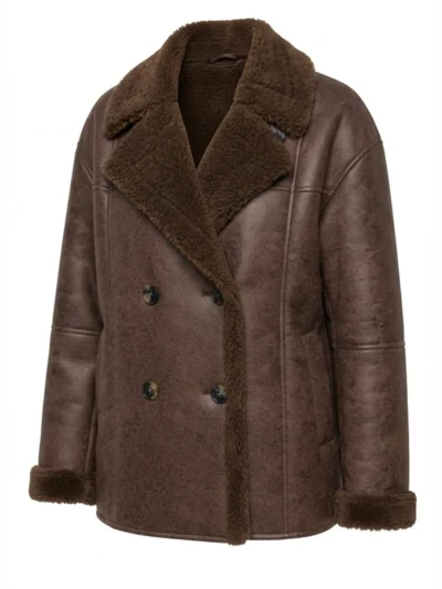 Womens Brown Shearling Leather Peacoat