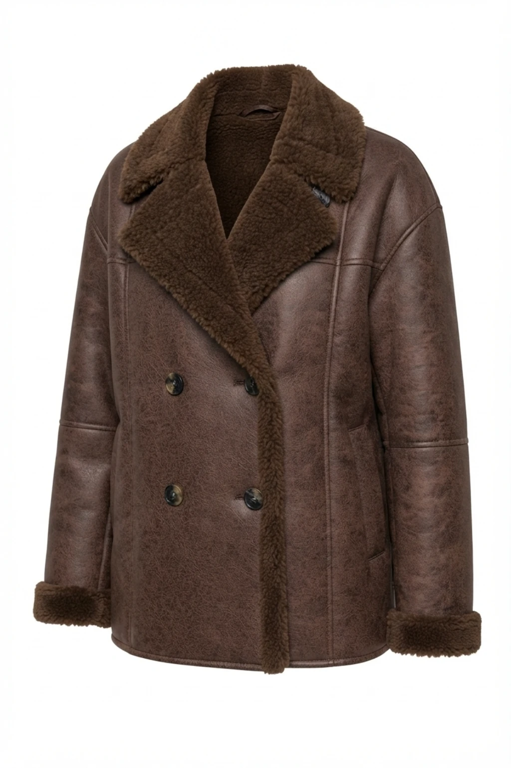 Womens Brown Shearling Leather Peacoat (4) Womens Brown Shearling Leather Peacoat