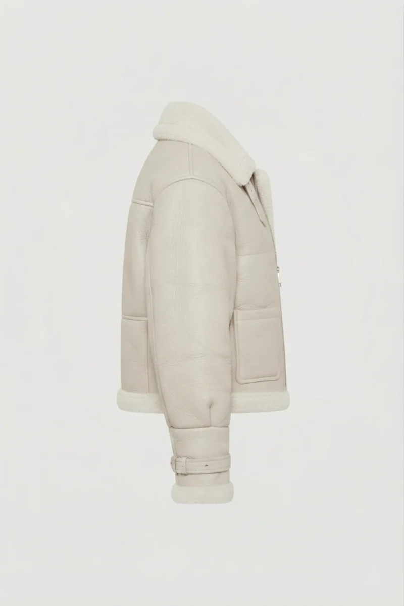 Women’s Cream Shearling Aviator Jacket side arm