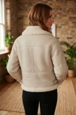 Women’s Cream Shearling Aviator Jacket back side