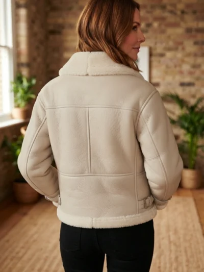 Women’s Cream Shearling Aviator Jacket back side
