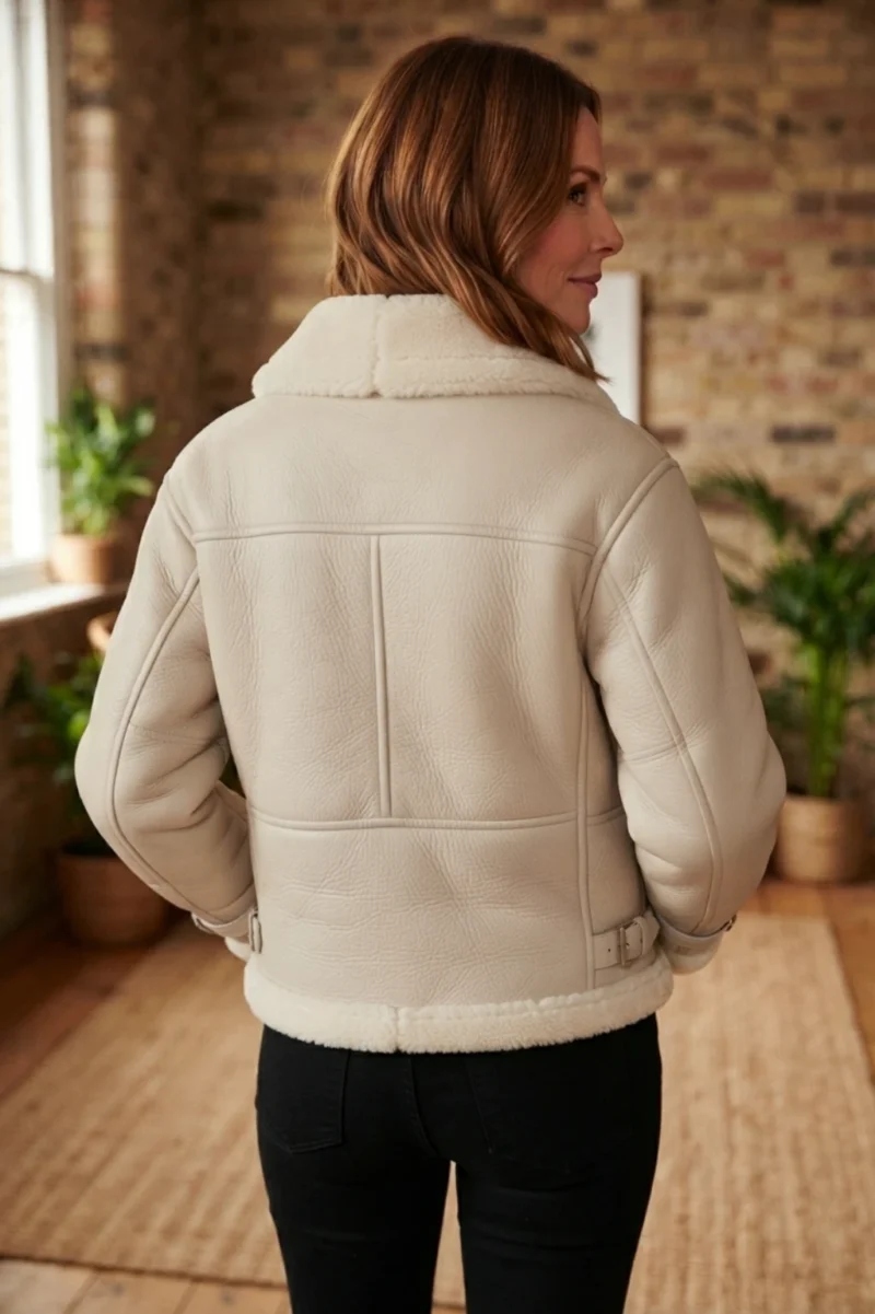 Women’s Cream Shearling Aviator Jacket back side