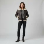 Women’s Dark Brown Shearling Leather Aviator Jacket with Cream Collar