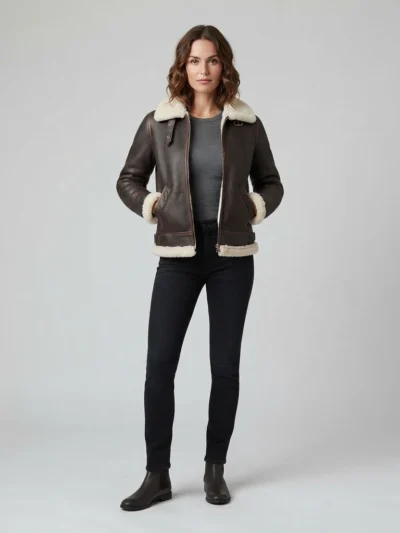 Women’s Dark Brown Shearling Leather Aviator Jacket with Cream Collar