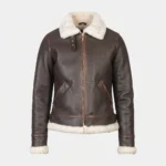 Women’s Dark Brown Shearling Leather Aviator Jacket with Cream Collar