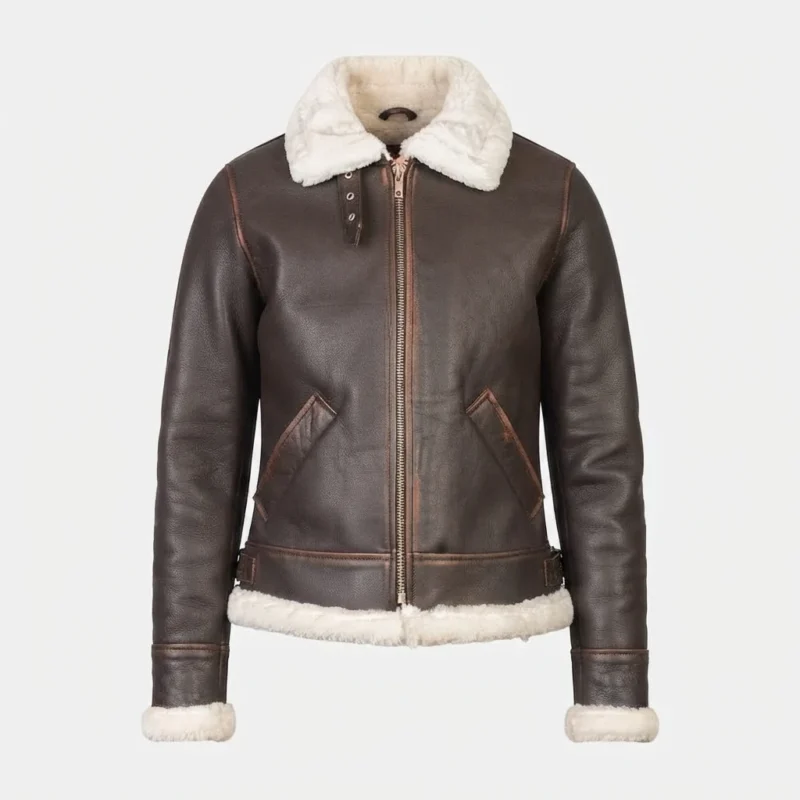 Women’s Dark Brown Shearling Leather Aviator Jacket with Cream Collar