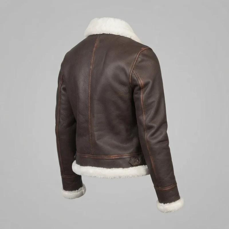 Women’s Dark Brown Shearling Leather Aviator Jacket with Cream Collar back