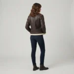 Women’s Dark Brown Shearling Leather Aviator Jacket with Cream Collar back