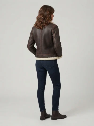 Women’s Dark Brown Shearling Leather Aviator Jacket with Cream Collar back
