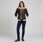 Women’s Dark Brown Shearling Suede Jacket with White Fur Trim