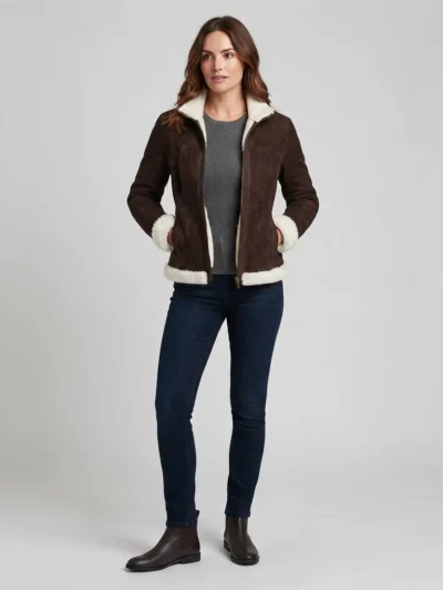 Women’s Dark Brown Shearling Suede Jacket with White Fur Trim